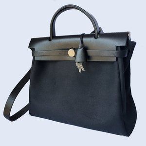 Hermes Black Canvas and Leather Herbag